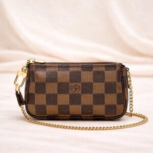 Authentic Louis Vuitton Mini Pochette Accessoires Damier Ebene Canvas Chain Bag